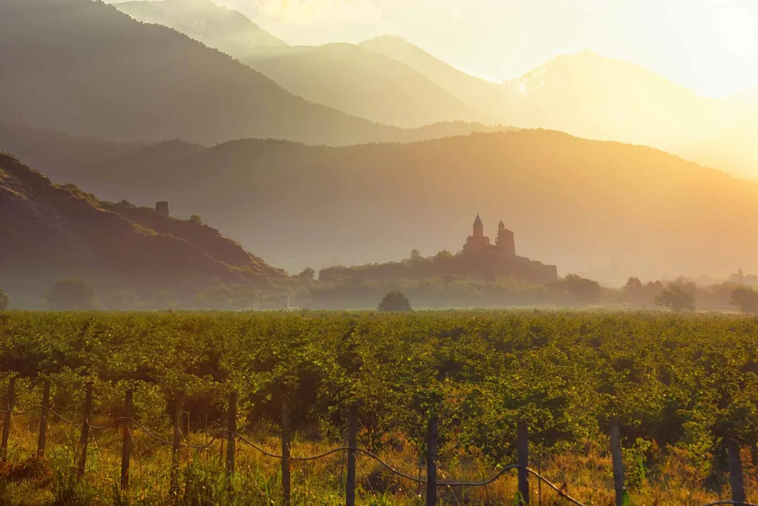 Im Vordergrund erstreckt sich ein Weinberg mit einem dunstigen Blick auf eine ferne Kirche und Berge, die in goldenes Sonnenlicht getaucht sind, wobei die Hügelschichten im dunstigen Hintergrund verschwinden.